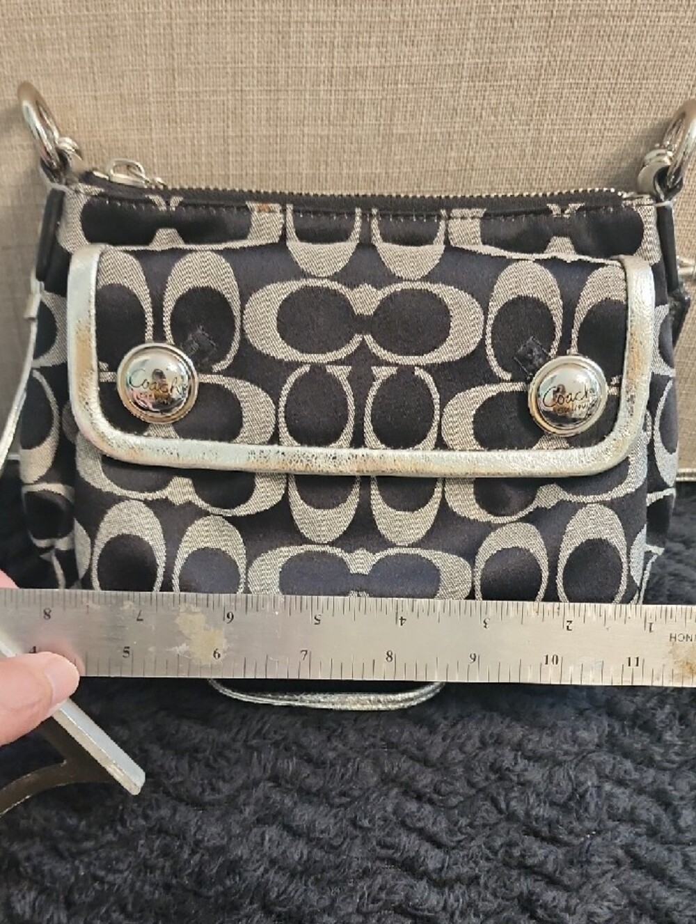 Coach Black and Beige Signature Mini Shoulder Bag with Silver Accents - Picture 3 of 6
